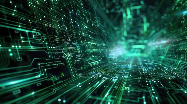 Abstract Digital Tunnel with Glowing Green Circuitry - A digital tunnel rendered in 3D, showcasing glowing green circuit boards, signifying the vast and interconnected nature of technology. - A digita