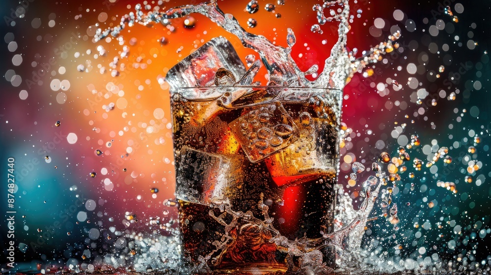 Aufkleber refreshing cold drink with ice cubes and splash - a glass of cold cola with ice cubes, capturing the