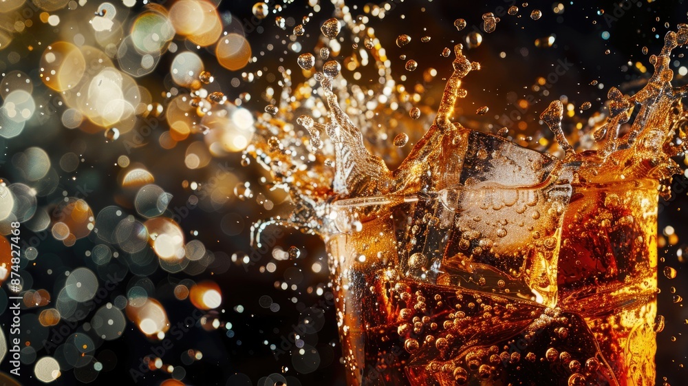 Aufkleber refreshing drink with ice and splash - a close up image of a refreshing drink with ice in a glass, s
