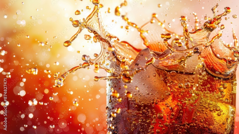 Aufkleber close-up image of a refreshing splash of cola with ice - a close-up image of a glass of cola with ic