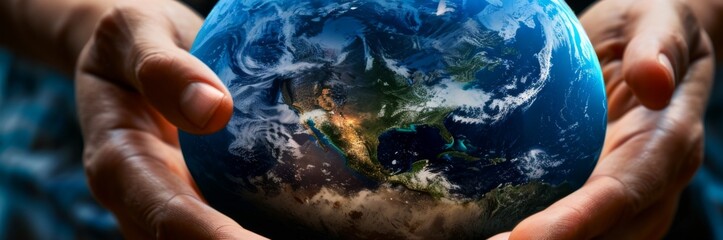 Fototapeta premium A pair of hands holding the Earth, embracing our precious planet: a symbol of care, responsibility and environmental protection, Earth Day