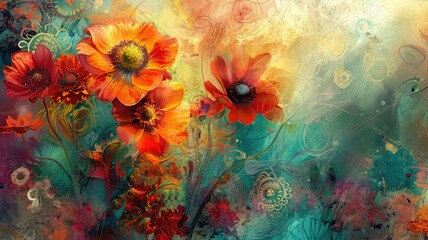 Vibrant Floral Abstract - A vibrant abstract floral painting with a blend of red, orange, and yellow flowers on a colorful background. The artwork features delicate brushstrokes and a sense of movemen