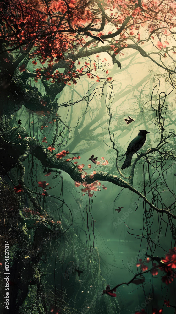 Poster Mystical Forest with a Raven - A mystical forest with a raven sitting on a branch, the fog obscuring the path ahead. - A mystical forest with a raven sitting on a branch, the fog obscuring the path ah