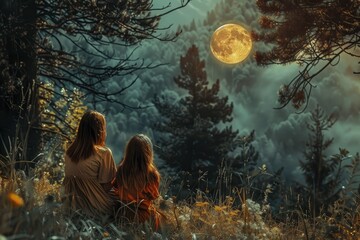 Fototapeta premium Two Girls Watching the Full Moon - Two girls are sitting in a forest, looking up at the full moon. The scene is full of mystery and magic. - Two girls are sitting in a forest, looking up at the full m
