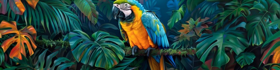 Obraz premium Majestic Macaw Parrot Perched Proudly in the Vibrant Canopy of Lush Tropical Jungle, Surrounded by Lively Foliage and Exotic Flora, Showcasing the Beauty and Diversity of Nature