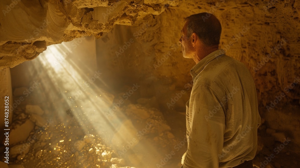 Poster exploring the subterranean maze, a man is captivated by a beam of light streaming through an opening