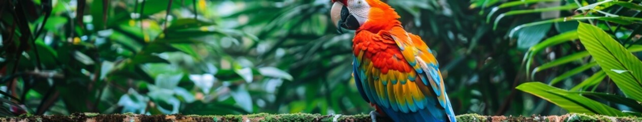 Obraz premium Majestic Macaw Parrot Perched Proudly in the Vibrant Canopy of Lush Tropical Jungle, Surrounded by Lively Foliage and Exotic Flora, Showcasing the Beauty and Diversity of Nature