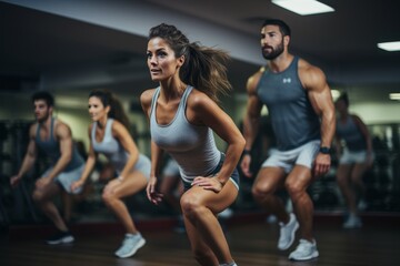 Women engaging in aerobics with jumps and squats at a fitness center for a dynamic workout