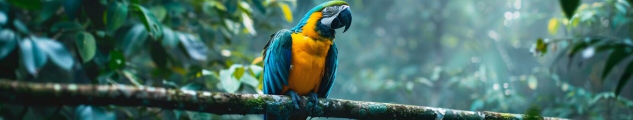 Obraz premium Majestic Macaw Parrot Perched Proudly in the Vibrant Canopy of Lush Tropical Jungle, Surrounded by Lively Foliage and Exotic Flora, Showcasing the Beauty and Diversity of Nature