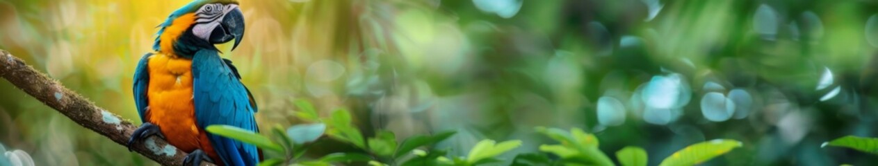 Fototapeta premium Majestic Macaw Parrot Perched Proudly in the Vibrant Canopy of Lush Tropical Jungle, Surrounded by Lively Foliage and Exotic Flora, Showcasing the Beauty and Diversity of Nature