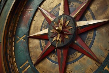 Fototapeta premium Timeless Intersection of Time and Direction with a Wall Clock Featuring a Compass Design, Ready to Navigate the Passage of Hours and Minutes, Perfect for Home Decor and Nautical-Themed Spaces