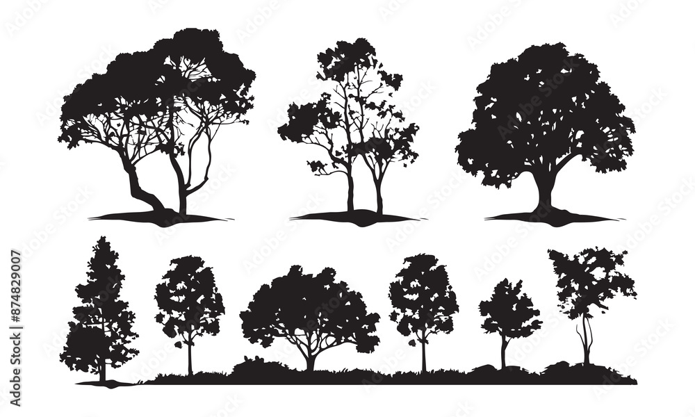 Poster set of trees silhouettes , side view black outline , drawing of graphics trees elements isolated vec