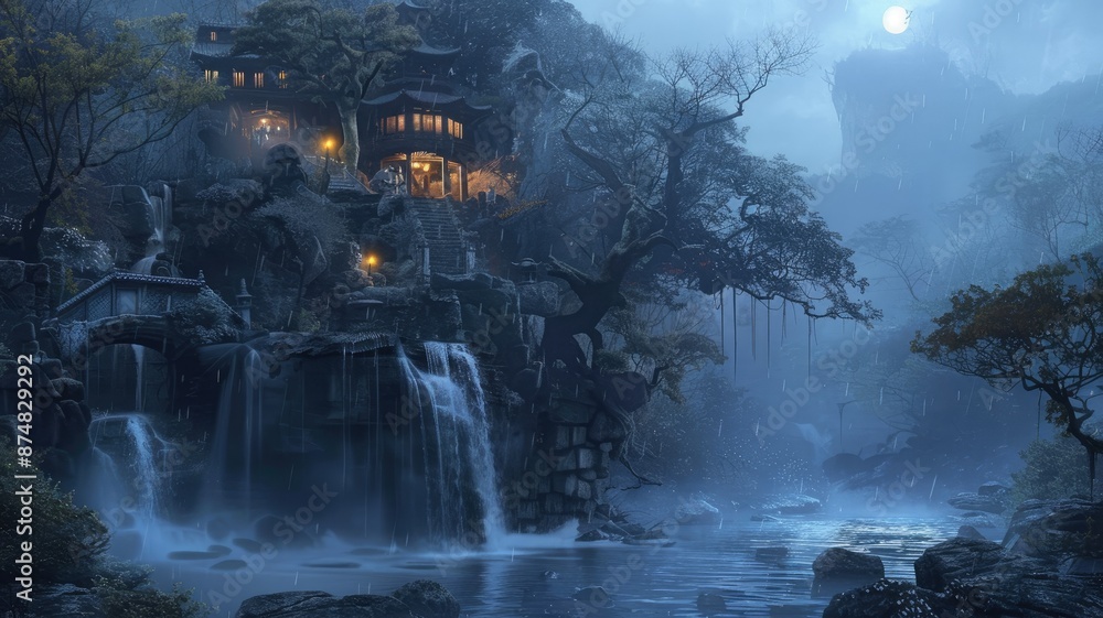 Poster mystical mountaintop sanctuary - a mystical scene of a house nestled within a misty mountaintop sett