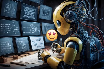 A futuristic, advanced robot with intricate circuitry and wires, focused on enhancing its reasoning capabilities.