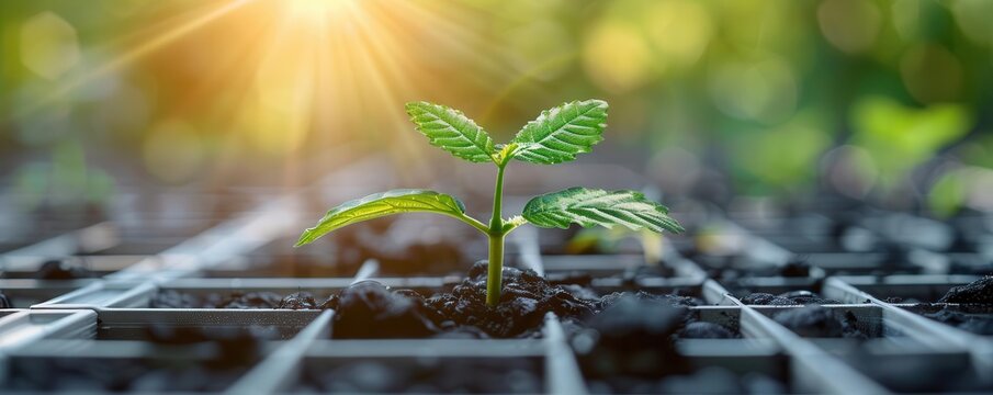 Young plant growing in a grid structure with sunlight in the background, representing growth and new beginnings in nature.