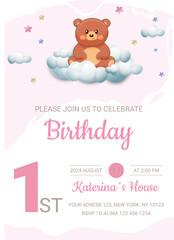 Invitation card for 1 year old for your girl. Birthday invitations with a teddy bear on clouds.