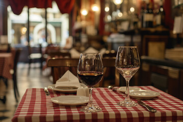 Obraz premium Two glasses of wine resting on a table in a bistro setting with red checkered tablecloth