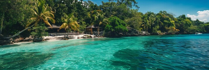 Obraz premium Serene Tropical Paradise with Crystal Clear Waters and Palm Trees