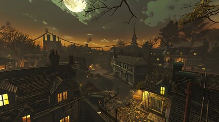 Haunted Victorian Village in Gloomy Autumn Night