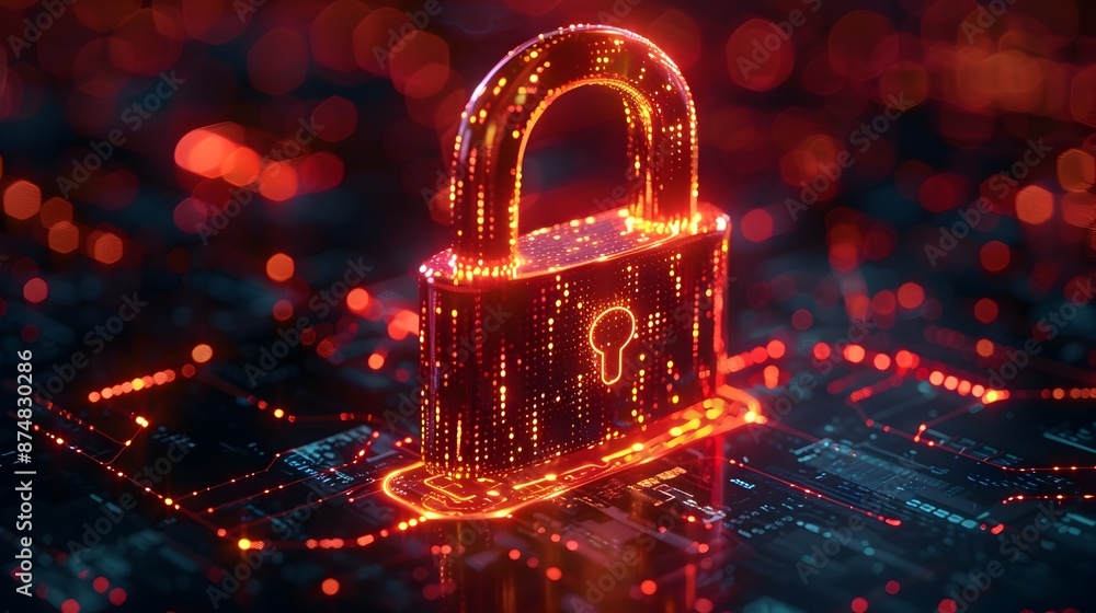 Poster padlock icon with digital grid design representing network security and high tech concept