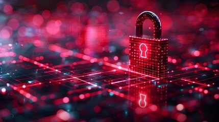 Digital Padlock Icon with Grid Cybersecurity Concept on Dark Red Background