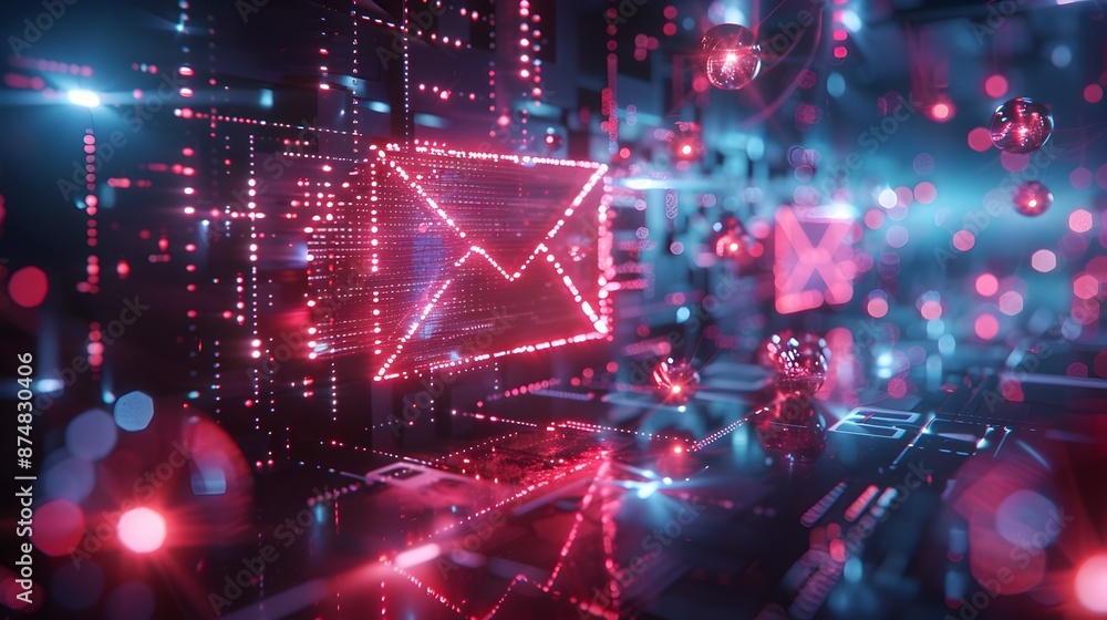 Aufkleber glowing email icon surrounded by orbs and data streams