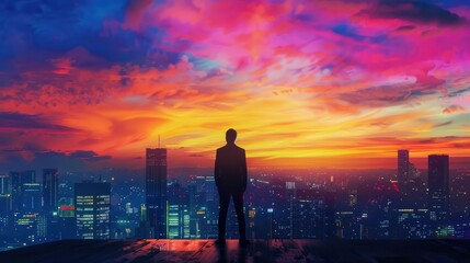 Fototapeta premium A confident businessman stands on a building rooftop, overlooking a city skyline at sunset. The sky is painted with vibrant colors, creating a stunning contrast against the silhouette of the man