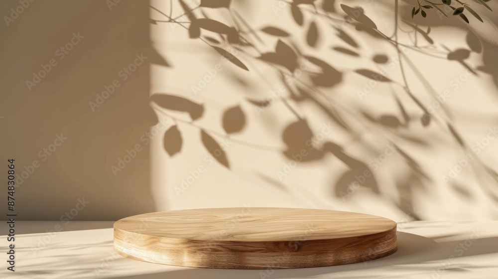Poster a minimalist wooden podium is isolated against a beige background, with soft shadows of leaves creat