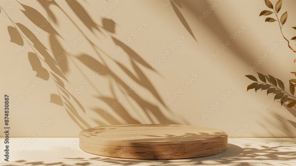 Poster a minimalist wooden podium is isolated against a beige background, with soft shadows of leaves creat