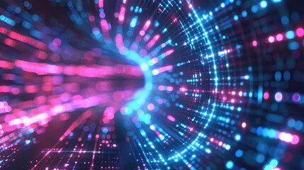 Obraz premium Abstract futuristic technology abstract background with lines for network, big data, data center, server, internet, speed. dark blue and pink neon lights into digital technology tunnel, generative ai