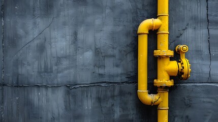 New small yellow water pipe on gray concrete wall at a corner of building texture background. 