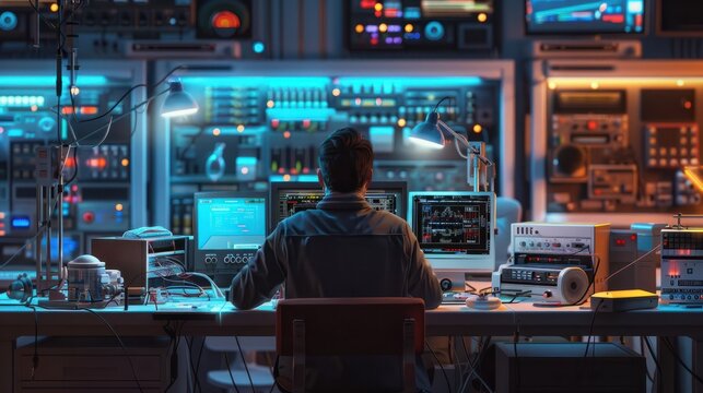 An electrical engineer at a workbench testing circuit boards in a technology lab. The engineer is surrounded by various electronic testing equipment with screens, dials, and cables