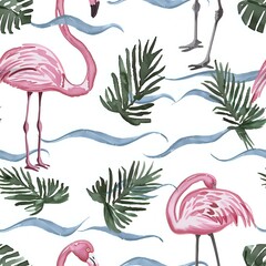 Fototapeta premium Tropical Flamingo and Palm Leaf Hawaiian Shirt Print