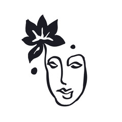 One single line ink drawing of abstract female face and flowers isolated on white. Monochrome minimalist portrait. Modern trendy fashion sketch of woman head