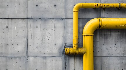 New small yellow water pipe on gray concrete wall at a corner of building texture background. 