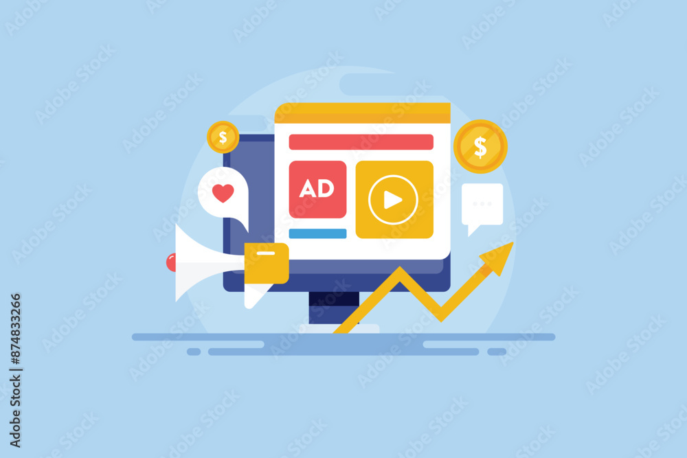 Poster adverising on internet website display ad network increase brand promotion and web traffic, vector i