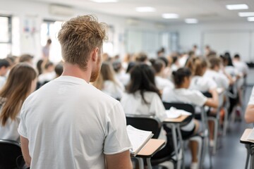 A teacher standing at the front of a modern classroom, giving a lesson to students who are eagerly taking notes, Editorial Photography style