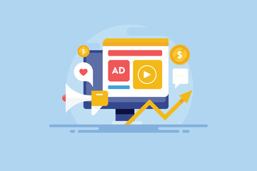 Adverising on internet website display ad network increase brand promotion and web traffic, vector illustration.