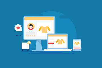 Responsive ecommerce webstore and online shopping app on smartphone, customer buying experience vector illustration.