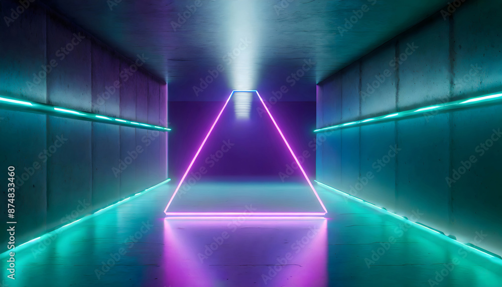 Poster 3d render. geometric figure in neon light against a dark tunnel. laser glow.. generative ai.