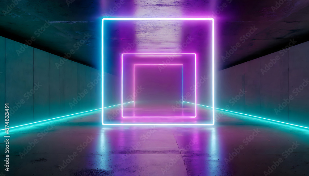 Poster 3d render. geometric figure in neon light against a dark tunnel. laser glow.. generative ai.
