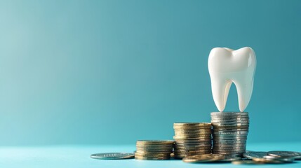 Dental health and wealth tooth sitting on stack of coins on blue background business and medical concepthorizontal photo