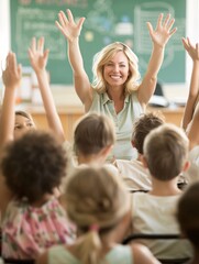 Fototapeta premium A lively classroom scene with a charismatic teacher interacting with students, creating an inspiring learning environment, Magazine Photography style