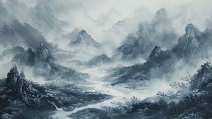 Obraz premium Elegant landscape depiction of misty mountains and a winding river in Chinese ink painting art