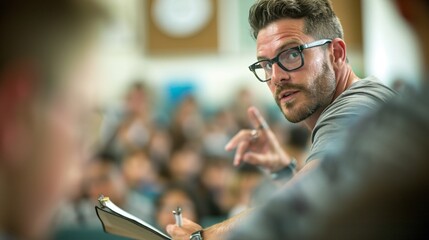 An educator passionately teaching a classroom full of attentive students, capturing the dynamic interaction and engagement, Documentary Photography style