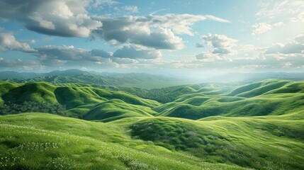 Fototapeta premium Expansive green hills rolling under a wide, open sky, the lush landscape basking in the soft light of early morning, a feeling of endless growth and the fresh breath of nature
