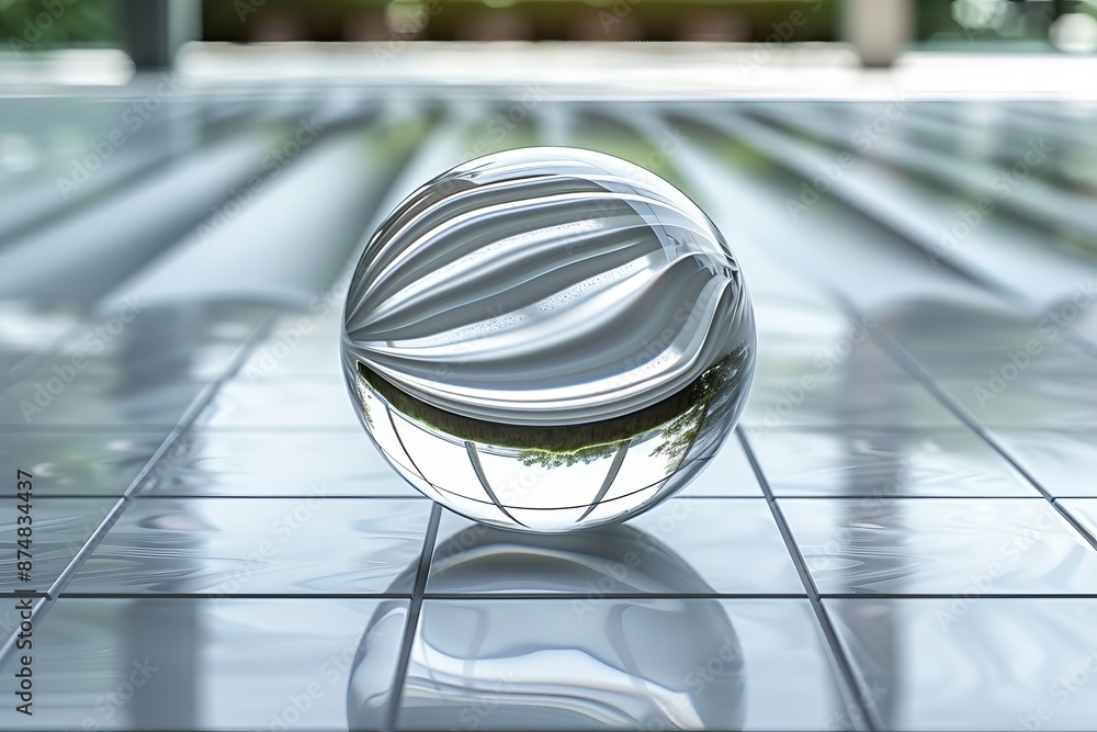 Poster transparent glass sphere with intricate patterns on a reflective surface, highlighting precision and