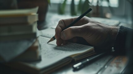 Individual takes notes with pencil in notebook blank area