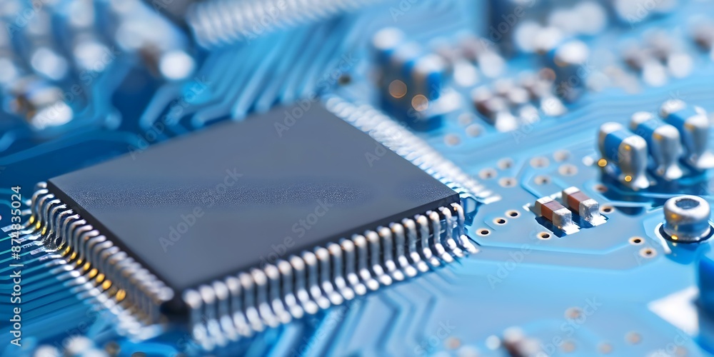 Poster macro photograph of a blue computer chip on an electronic circuit board. concept macro photography, 