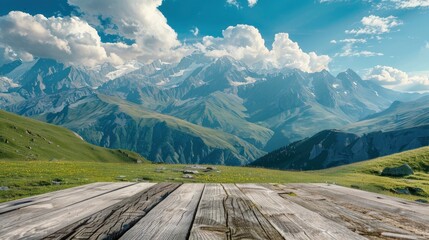 Beautiful Summer View Of The Caucasus Mountain Range With An Empty Wooden Table, Perfect For A Natural Setting